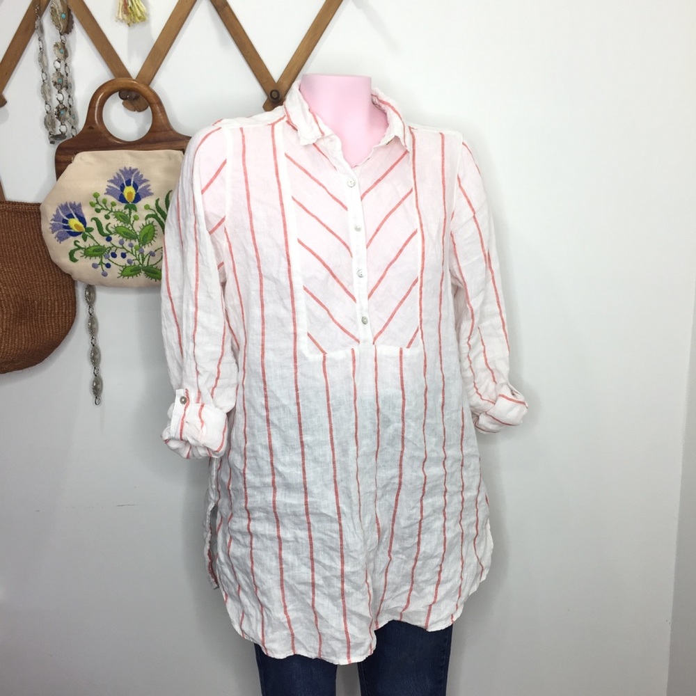 C&C California White Striped Linen Tunic Blouse M